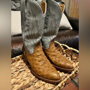 Tecovas. The Jaimie  Tan/Slate Blue Ostrich women’s cowboy boots.